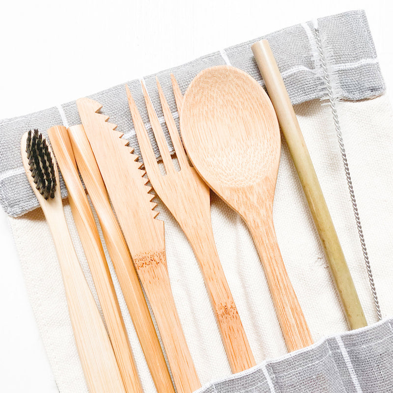 Reusable bamboo cutlery set comes with a cloth  bag to protect your utensils.